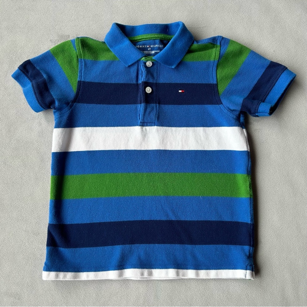 Tommy Hilfiger ~ Polo ~ Boys Size 4T ~ Blue Green White Stripes